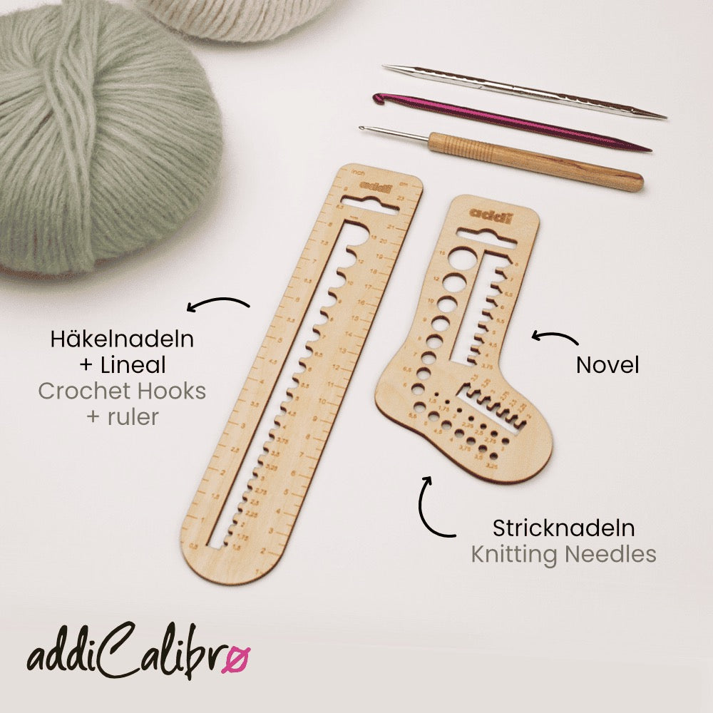 addiCalibro Holznadelmaß-Set für Stricknadeln, Novel-Nadeln und Häkelnadeln